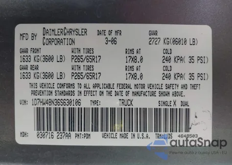 2006 Dodge Dakota Slt z USA, uszkodzony, nr VIN 1D7HW48N36S630106